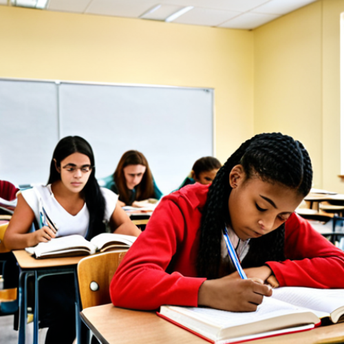 Home 13 **Image Prompt for "Importance of Exams"**:
Create an image of a diverse group of students in a classroom setting, taking an exam. Highlight their focused expressions, with books and notes scattered around. Include elements that symbolize competition and achievement, such as trophies or awards in the background.
