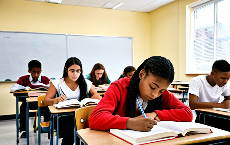**Image Prompt for "Importance of Exams"**:
Create an image of a diverse group of students in a classroom setting, taking an exam. Highlight their focused expressions, with books and notes scattered around. Include elements that symbolize competition and achievement, such as trophies or awards in the background.
