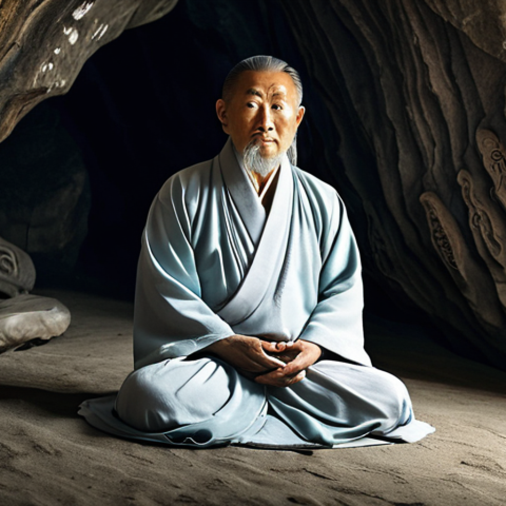 **Ancient Taoist Immortal:** Depict a wizened Taoist sage in flowing robes, meditating in a serene mountain cave adorned with Taoist symbols and ancient carvings, hinting at his pursuit of immortality. Focus on the details of age and wisdom in his face and the tranquility of his surroundings.
