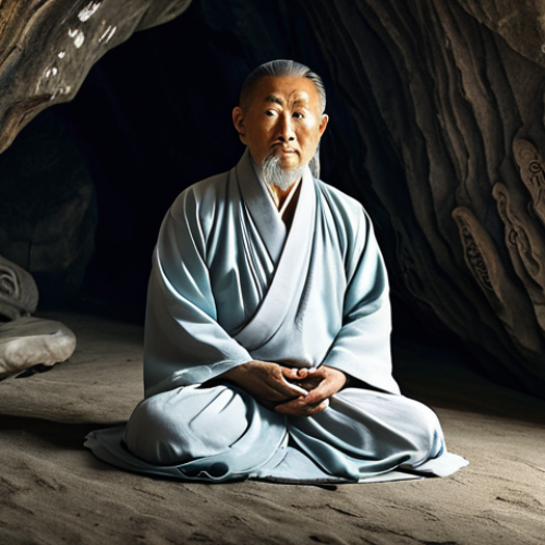 Home 8 **Ancient Taoist Immortal:** Depict a wizened Taoist sage in flowing robes, meditating in a serene mountain cave adorned with Taoist symbols and ancient carvings, hinting at his pursuit of immortality. Focus on the details of age and wisdom in his face and the tranquility of his surroundings.