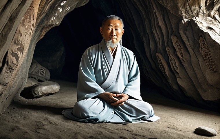 **Ancient Taoist Immortal:** Depict a wizened Taoist sage in flowing robes, meditating in a serene mountain cave adorned with Taoist symbols and ancient carvings, hinting at his pursuit of immortality. Focus on the details of age and wisdom in his face and the tranquility of his surroundings.