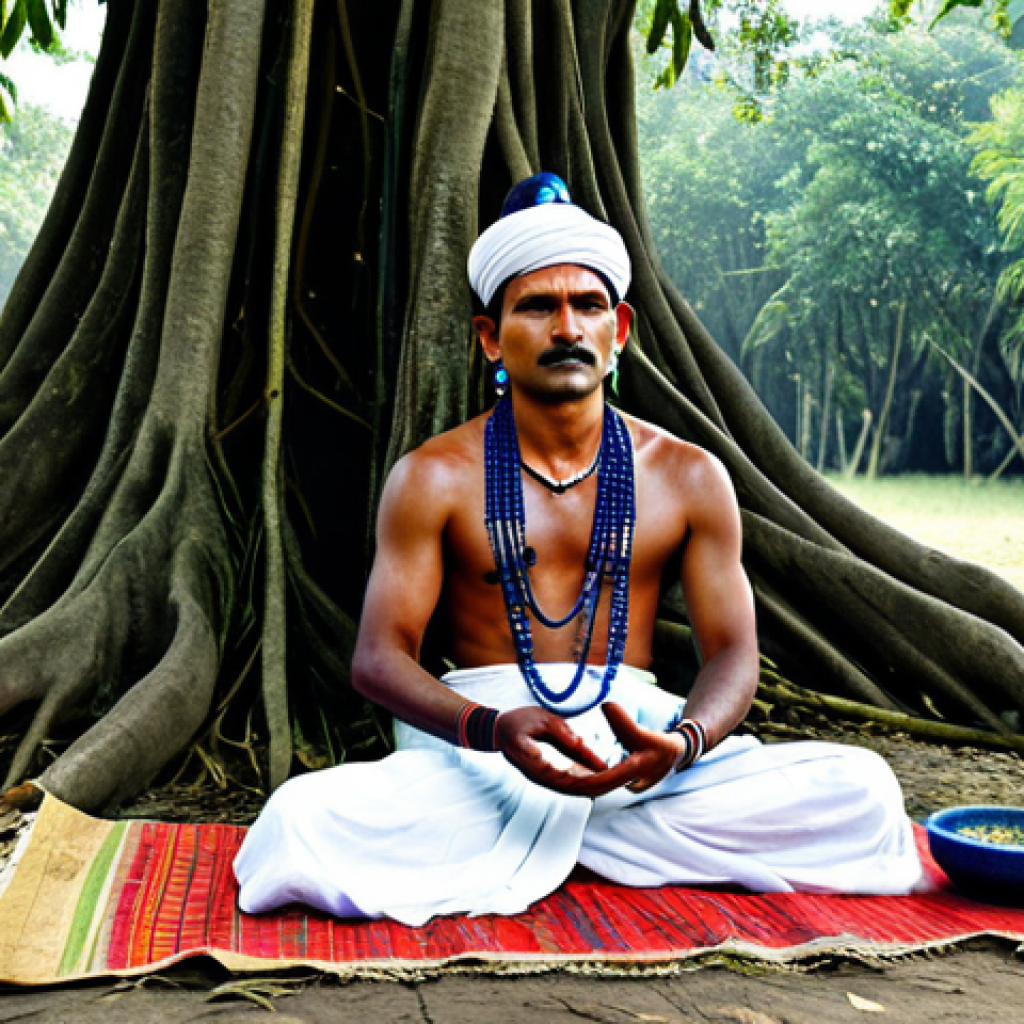 Village Shaman Healing**
"A fully clothed village shaman in traditional Bengali attire, performing a healing ritual with herbs and chanting near a banyan tree, appropriate content, safe for work, perfect anatomy, correct proportions, natural pose, professional photography, family-friendly."
**