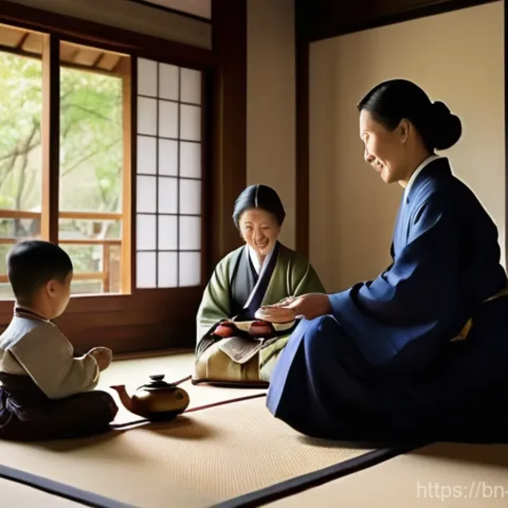 유교와 불교 차이점 - A multi-generational East Asian family, dressed in modest traditional clothing, respectfully partici...