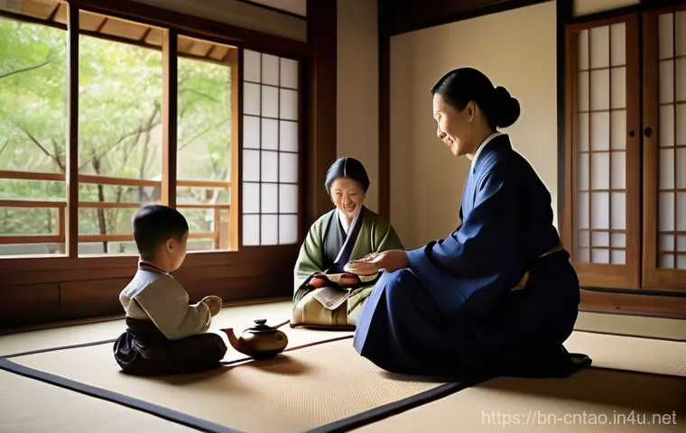 유교와 불교 차이점 - A multi-generational East Asian family, dressed in modest traditional clothing, respectfully partici...