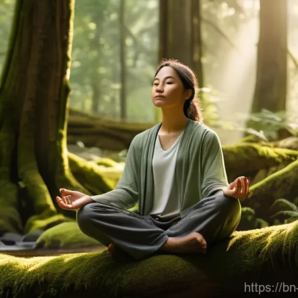 도교와 풍수지리 - A serene, gender-neutral person, dressed in loose, comfortable, and modest earth-toned clothing, med...