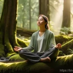 도교와 풍수지리 - A serene, gender-neutral person, dressed in loose, comfortable, and modest earth-toned clothing, med...