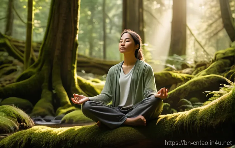 도교와 풍수지리 - A serene, gender-neutral person, dressed in loose, comfortable, and modest earth-toned clothing, med...