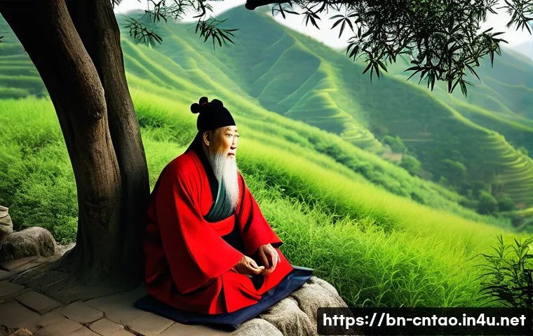 공자의 생애 - **Confucius Teaching in a Serene Landscape:**
A venerable Confucius, depicted as a wise, elderly...