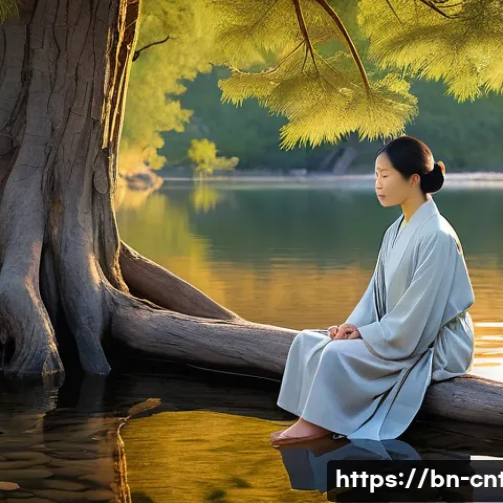 유교의 철학적 주제 - **Prompt:** A serene, gender-neutral individual in their late 40s, dressed in a simple, modest light...