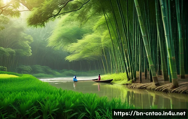 도교와 유교의 관계 - A serene natural landscape illustrating the harmonious flow of nature with a traditional Bengali fam...