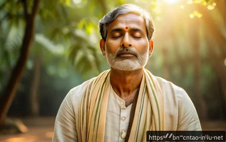 도교와 기공 - A serene Bengali man practicing ancient breathing exercises outdoors at sunrise, wearing loose comfo...