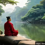 도교와 기독교 비교 - A serene natural landscape illustrating Taoist philosophy: a calm river flowing gently through lush ...