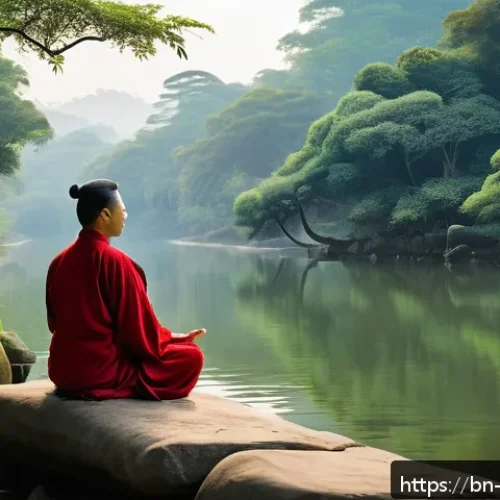 도교와 기독교 비교 - A serene natural landscape illustrating Taoist philosophy: a calm river flowing gently through lush ...