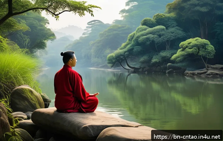 도교와 기독교 비교 - A serene natural landscape illustrating Taoist philosophy: a calm river flowing gently through lush ...