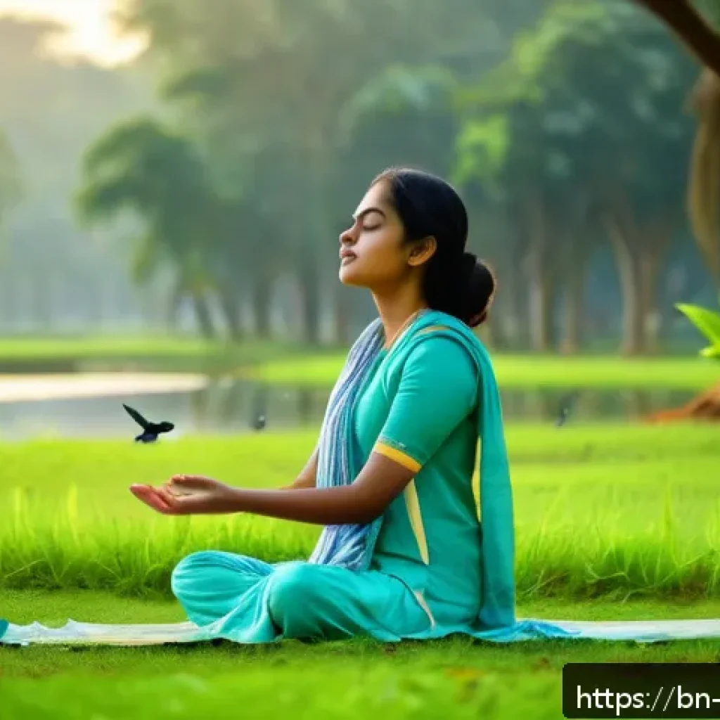 도교와 명상 - A serene early morning scene in a lush green park in Bangladesh with a young Bengali woman wearing c...
