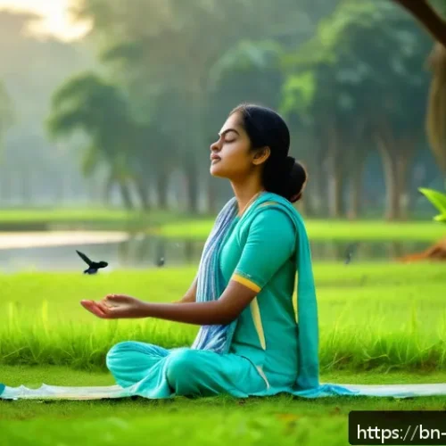 도교와 명상 - A serene early morning scene in a lush green park in Bangladesh with a young Bengali woman wearing c...