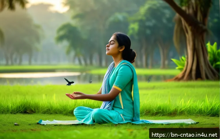도교와 명상 - A serene early morning scene in a lush green park in Bangladesh with a young Bengali woman wearing c...
