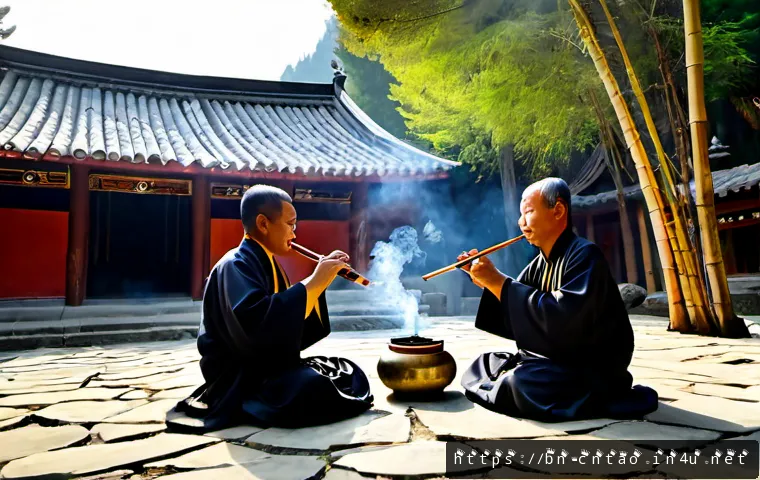 도교의 음악 - Photorealistic Taoist temple musicians performing ceremonial music in a peaceful mountain courtyard,...